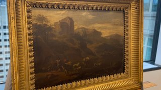 This photo shows the 18th century painting titled “Landscape of Italian Character” by Vienna-born artist Johann Franz Nepomuk Lauterer, Thursday, Oct. 19, 2023 in Chicago.