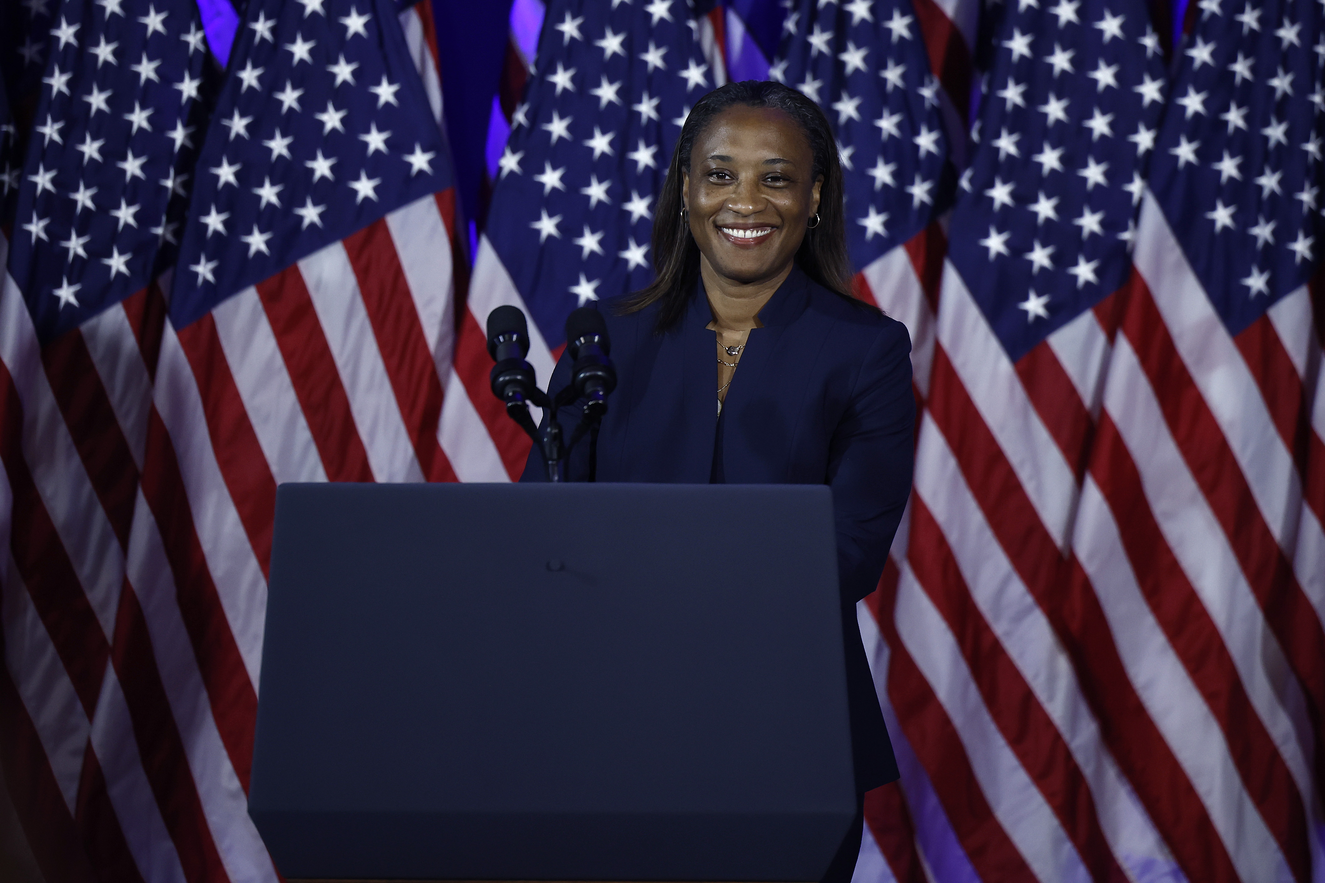 Emily's List President Laphonza Butler address a Biden-Harris campaign rally on the first anniversary of the Supreme Court's Dobbs v. Jackson decision which struck down a federal right to abortion at the Mayflower Hotel on June 23, 2023 in Washington, DC.