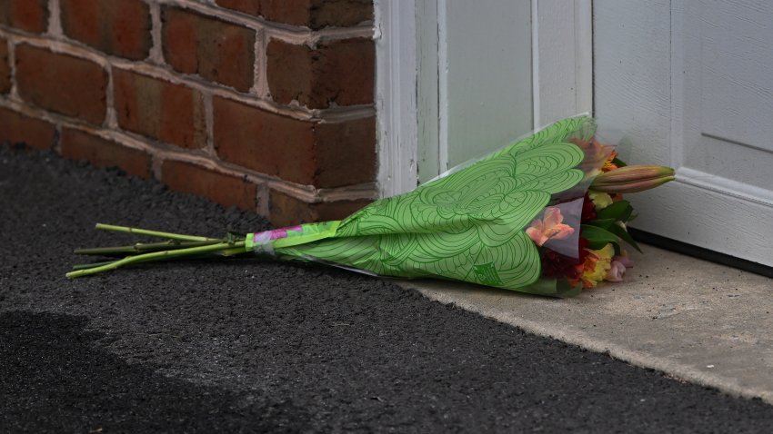 HAGERSTOWN, MD- OCT 20: Flowers were laid at the garage door next to the driveway where Pedro Argote, 49, allegedly shot Circuit Court Judge Andrew Wilkinson, 52, in the judge’s driveway in Hagerstown, Maryland, Thursday night while the victim’s wife and son were at the home, according to the Washington County Sheriff’s Office in Hagerstown, Maryland on October 20, 2023. Photo by Michael S. Williamson/The Washington Post via Getty Images)