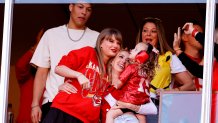 KANSAS CITY, MISSOURI - OCTOBER 22: Taylor Swift and Brittany Mahomes celebrate a touchdown during the second quarter of the game between the Kansas City Chiefs and the Los Angeles Chargers at GEHA Field at Arrowhead Stadium on October 22, 2023 in Kansas City, Missouri. (Photo by David Eulitt/Getty Images)