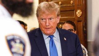 Former US president Donald Trump leaves the court room of the State Supreme court on the first day of his civil fraud trial on October 2, 2023 in New York City.