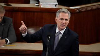 Former US House Speaker Kevin McCarthy, Republican of California, speaks before a third vote to elect a new speaker after he was ousted 17 days ago at the US Capitol in Washington, DC, on October 19, 2023.