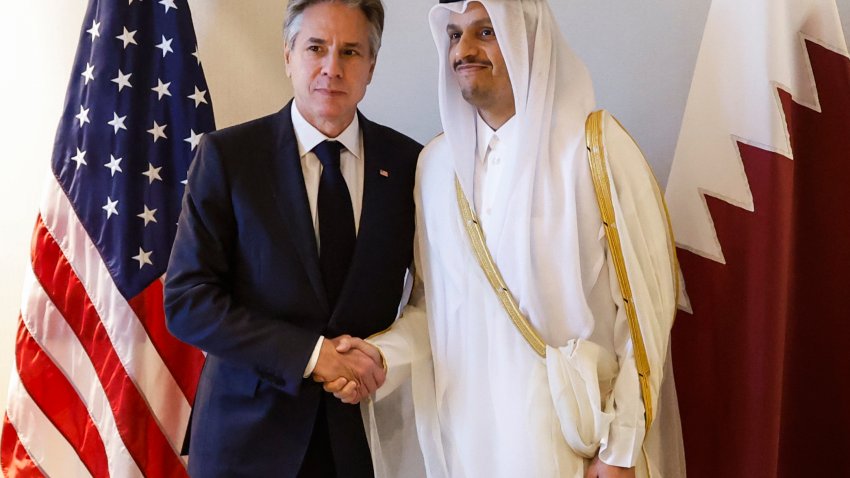 U.S. Secretary of State Antony Blinken meets with Qatari Prime Minister and Minister of Foreign Affairs Sheikh Mohammed bin Abdulrahman bin Jassim Al-Thani in Amman, Jordan, Saturday, Nov. 4, 2023.