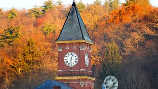 The broken clock on Town Hall is seen Thursday, Nov. 16, 2023, in Hinsdale, N.H.