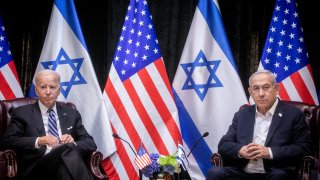 President Joe Biden sits with Israeli Prime Minister Benjamin Netanyahu in Tel Aviv on Oct. 18, 2023.