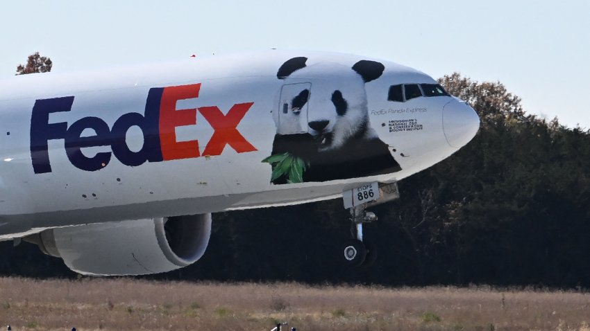 The Panda Express takes off as it transports Giant Pandas from the Smithsonian’s National Zoo at Dulles International Airport in Dulles, Virginia, on November 8, 2023. All three of the zoo’s pandas are leaving for China, bringing at least a temporary end to a decades-old connection between the cuddly animal and the US capital. And while the pandas’ departure had been expected due to contractual obligations, many can’t help but see the shift as reflective of the growing strains between Beijing and Washington. (Photo by Jim WATSON / AFP) (Photo by JIM WATSON/AFP via Getty Images)