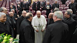 Pope Francis meets with cardinals and bishops of the Spanish Episcopal Conference at the Synod Hall on Nov. 28, 2023 in Vatican City