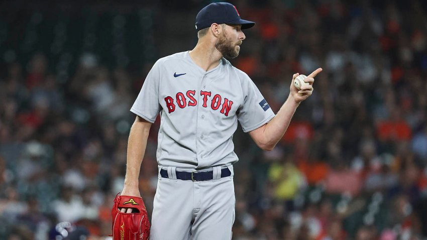 Aug 23, 2023; Houston, Texas, USA; Boston Red Sox starting pitcher Chris Sale (41) reacts after a play during the first inning against the Houston Astros at Minute Maid Park. Mandatory Credit: Troy Taormina-USA TODAY Sports