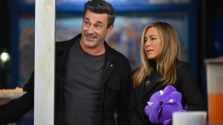 Jon Hamm and Jennifer Aniston are seen filming on location for "The Morning Show"