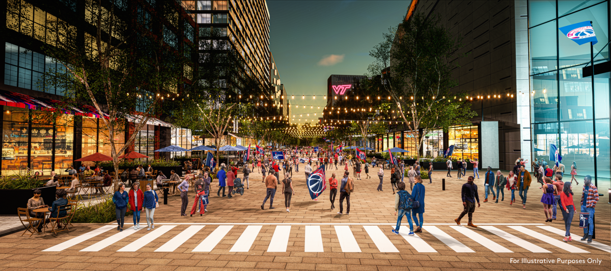 A mockup the Monumental Avenue Promenade at Potomac Yard in Alexandria, Virginia. (Illustration: JBG SMITH)