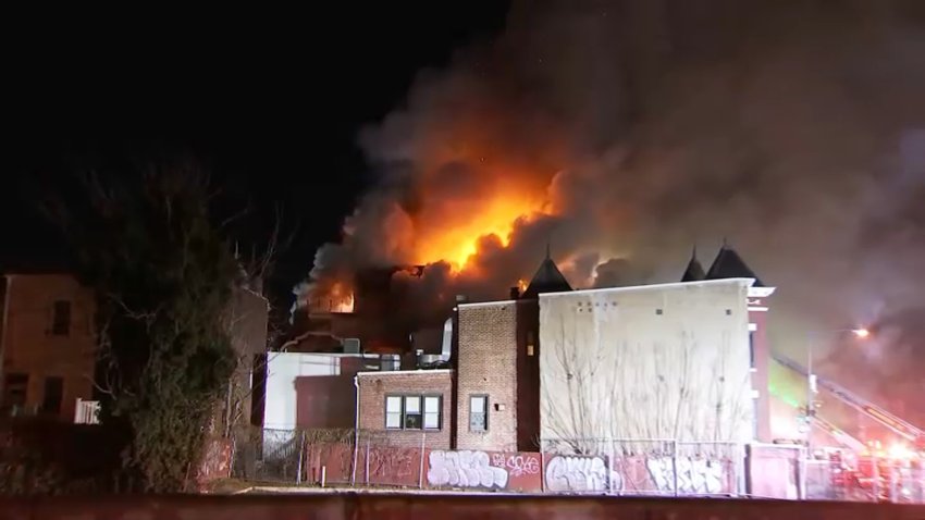 A former firehouse burns on North Capitol Street NW.