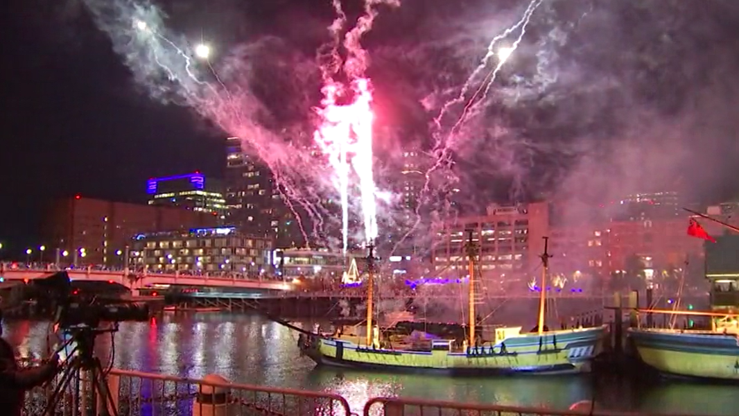 Fireworks go off to celebrate the 250th anniversary of the Boston Tea Party on Saturday, Dec. 16, 2023.