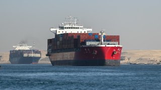 File - A ship transits the Suez Canal towards the Red Sea on January 10, 2024, in Ismailia, Egypt. 