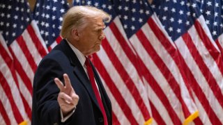 Former President Donald Trump leaves a press conference at 40 Wall Street on January 17, 2024 in New York City. Trump held a press conference after leaving the second day of his defamation trial involving E. Jean Carroll.