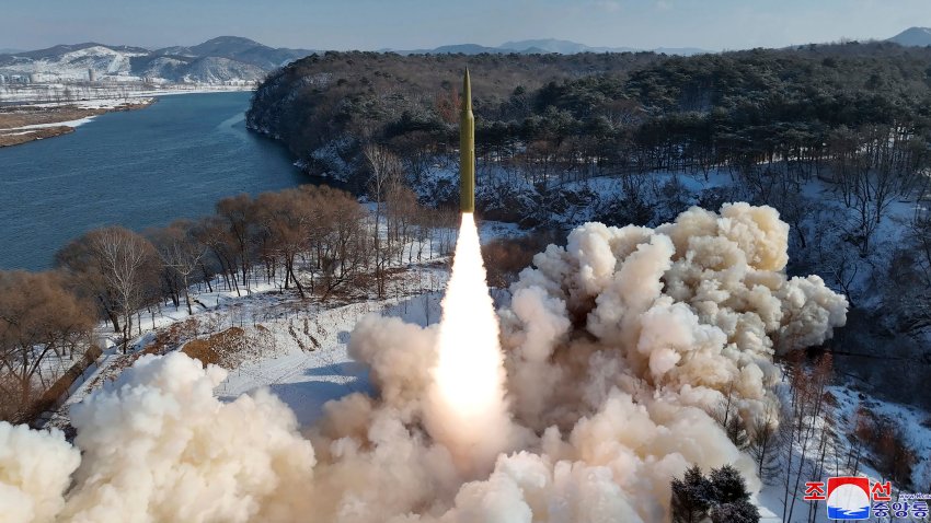 This photo provided by the North Korean government, shows what it says a flight test of a new solid-fuel intermediate-range missile