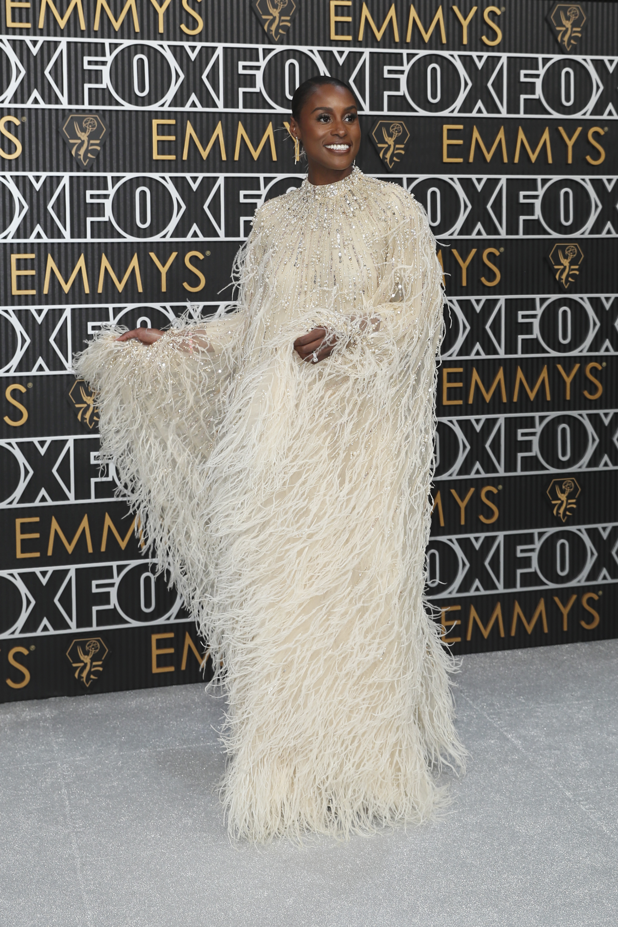 Issa Rae poses for a Red Carpet portrait at the 75th Emmy Awards on Monday, Jan. 15, 2024 at the Peacock Theater in Los Angeles. (Photo by Danny Moloshok/Invision for the Television Academy/AP Images)