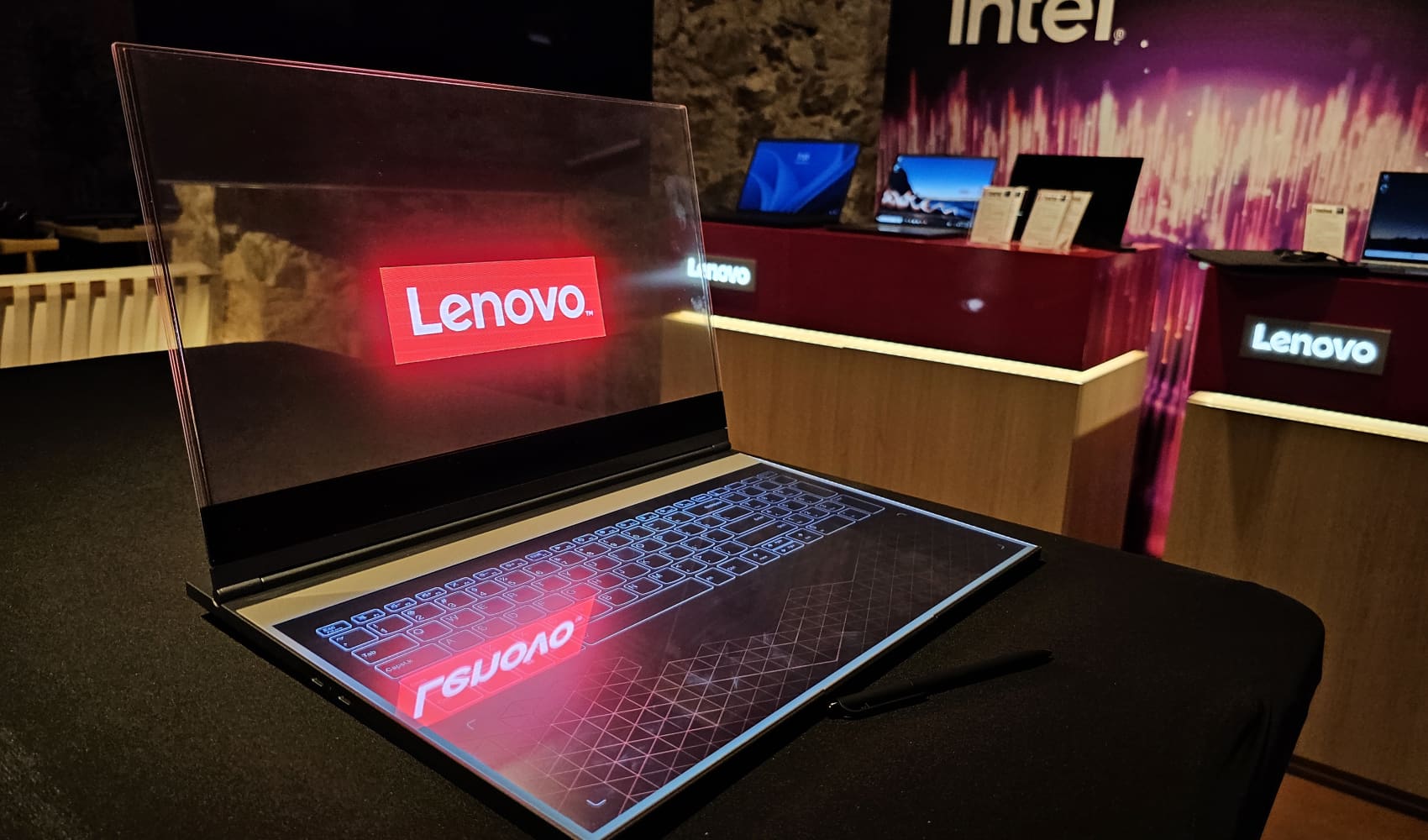 Chinese tech firm Lenovo shows off a laptop with a see-through screen
