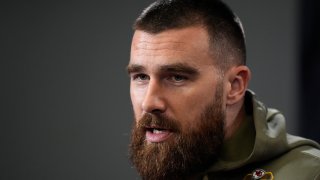 Kansas City Chiefs tight end Travis Kelce talks to the media before the team’s NFL football practice Friday, Feb. 2, 2024 in Kansas City, Mo.