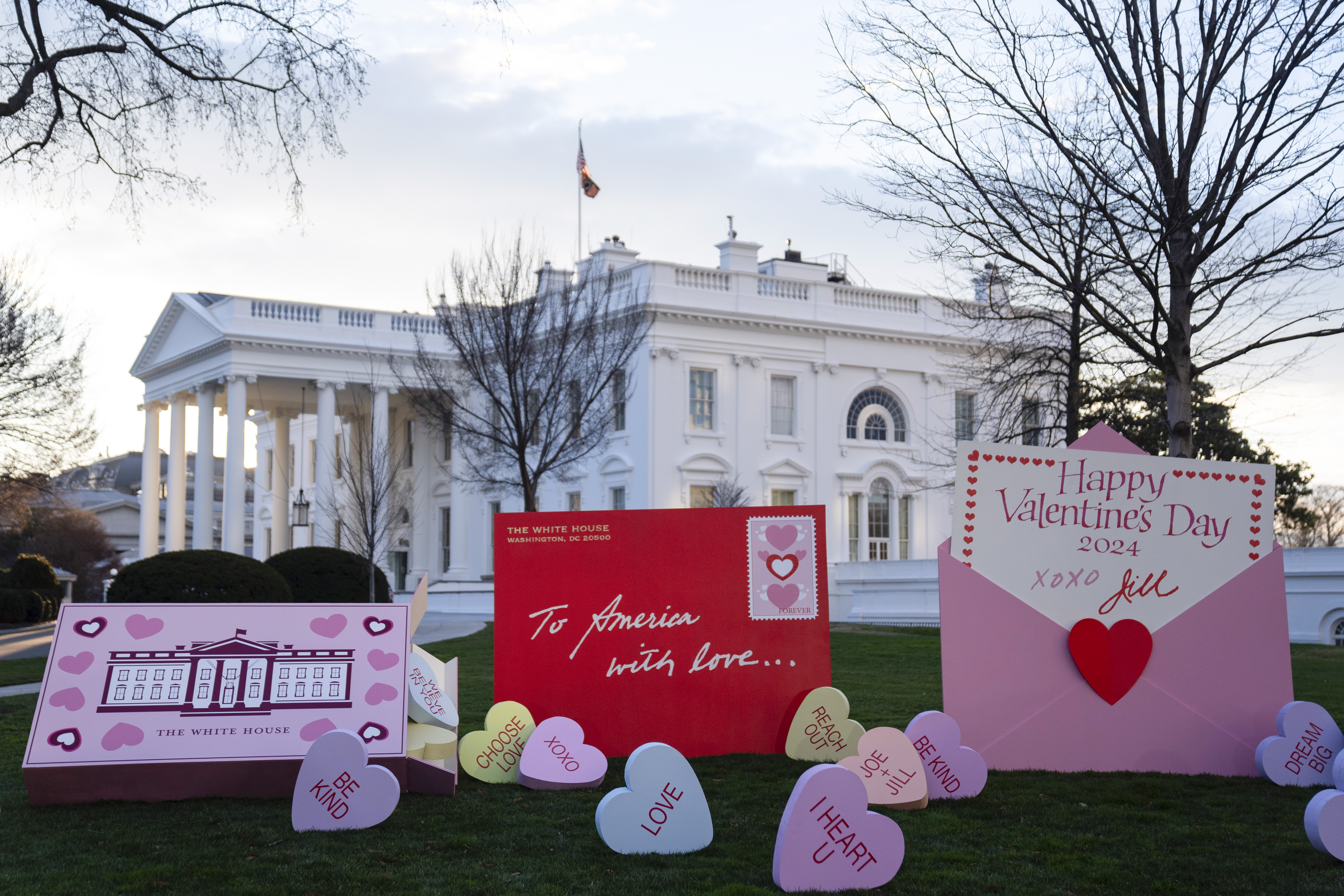Decorations for Valentine's Day adorn the White House lawn