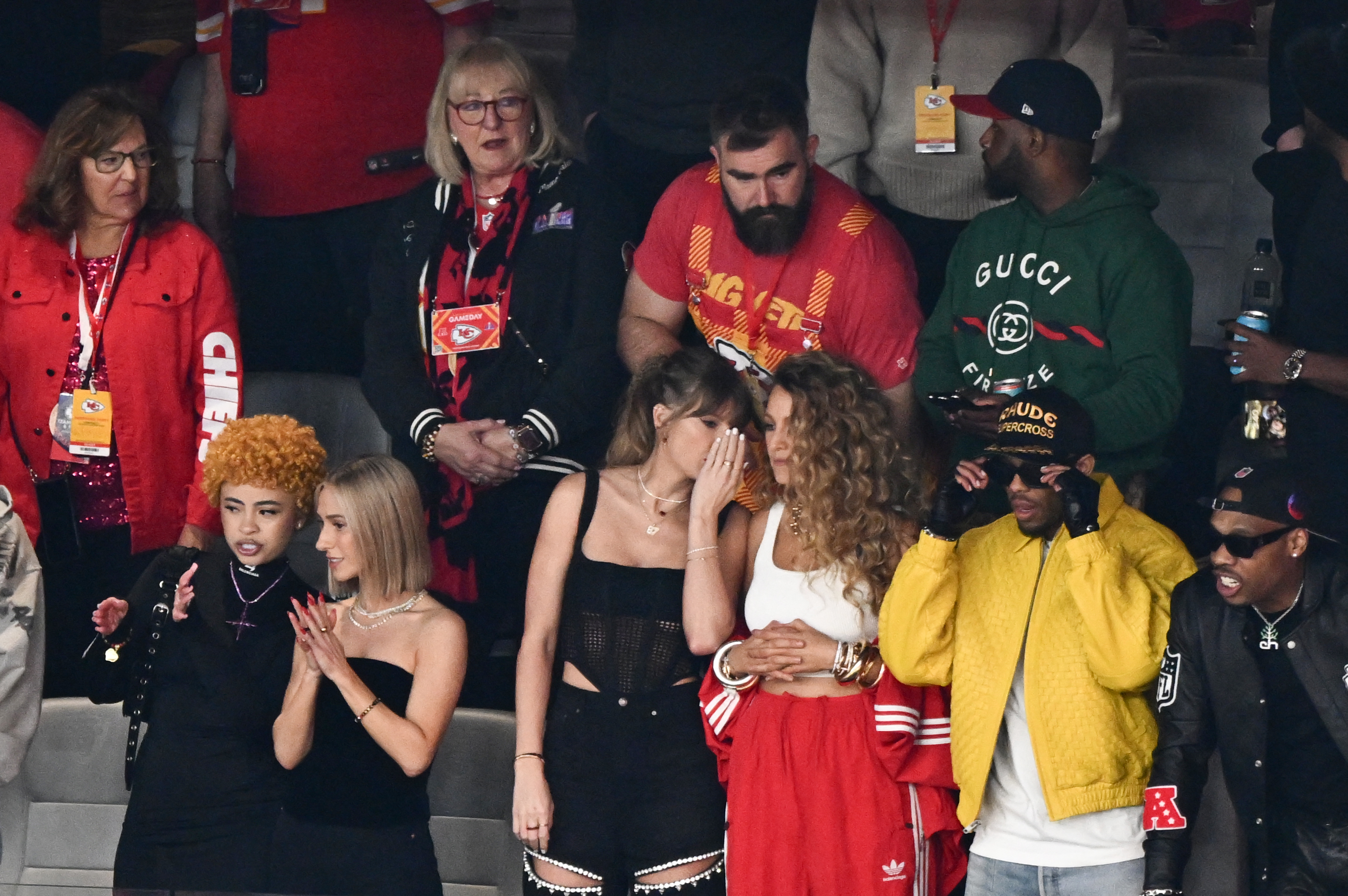 Taylor Swift (C), rapper Ice Spice (L), stylist Ashley Avignone (2L), Blake Lively (3R), Jason Kelce (top R) and Donna Kelce attend Super Bowl LVIII between the Kansas City Chiefs and the San Francisco 49ers at Allegiant Stadium in Las Vegas, Nevada, February 11, 2024. <br><em>(Photo by PATRICK T. FALLON/AFP via Getty Images)</em>