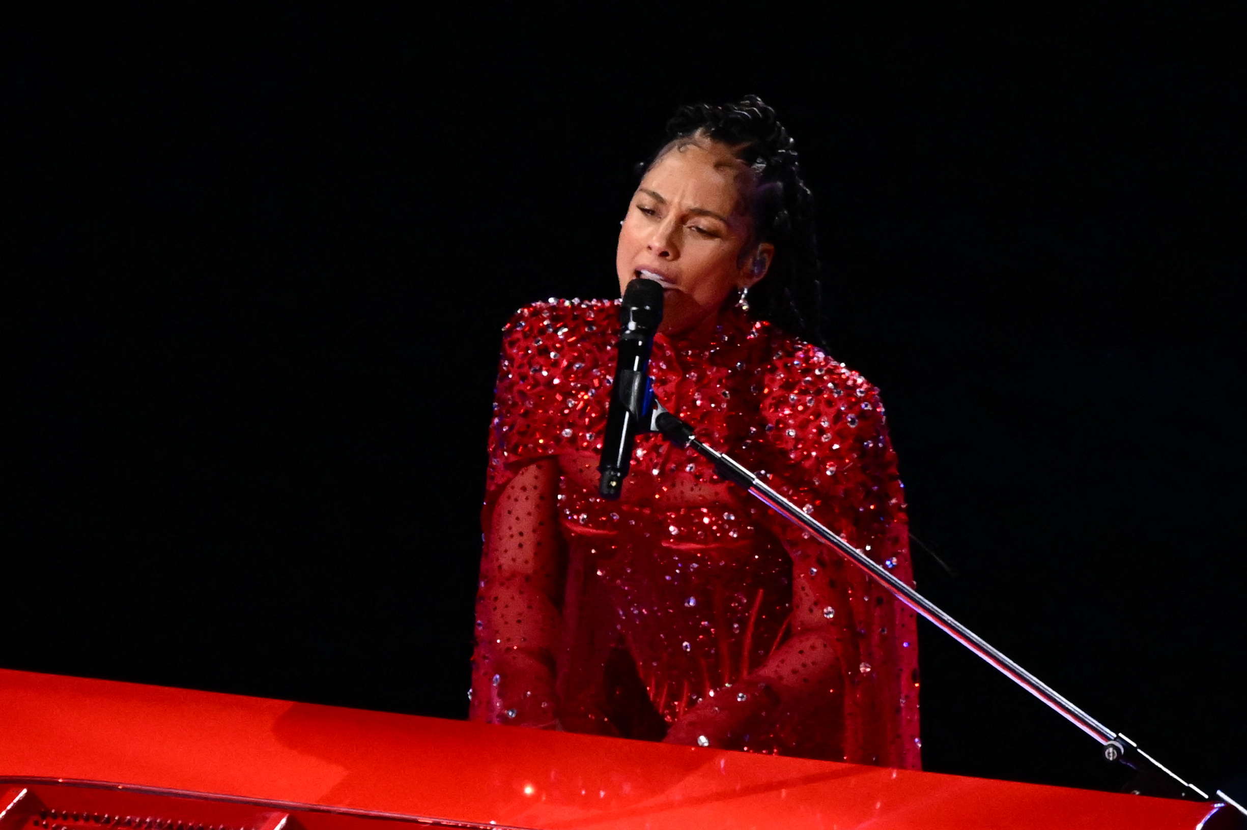 Alicia Keys performs during the halftime show of Super Bowl LVIII in Las Vegas, Nevada, Feb. 11, 2024.