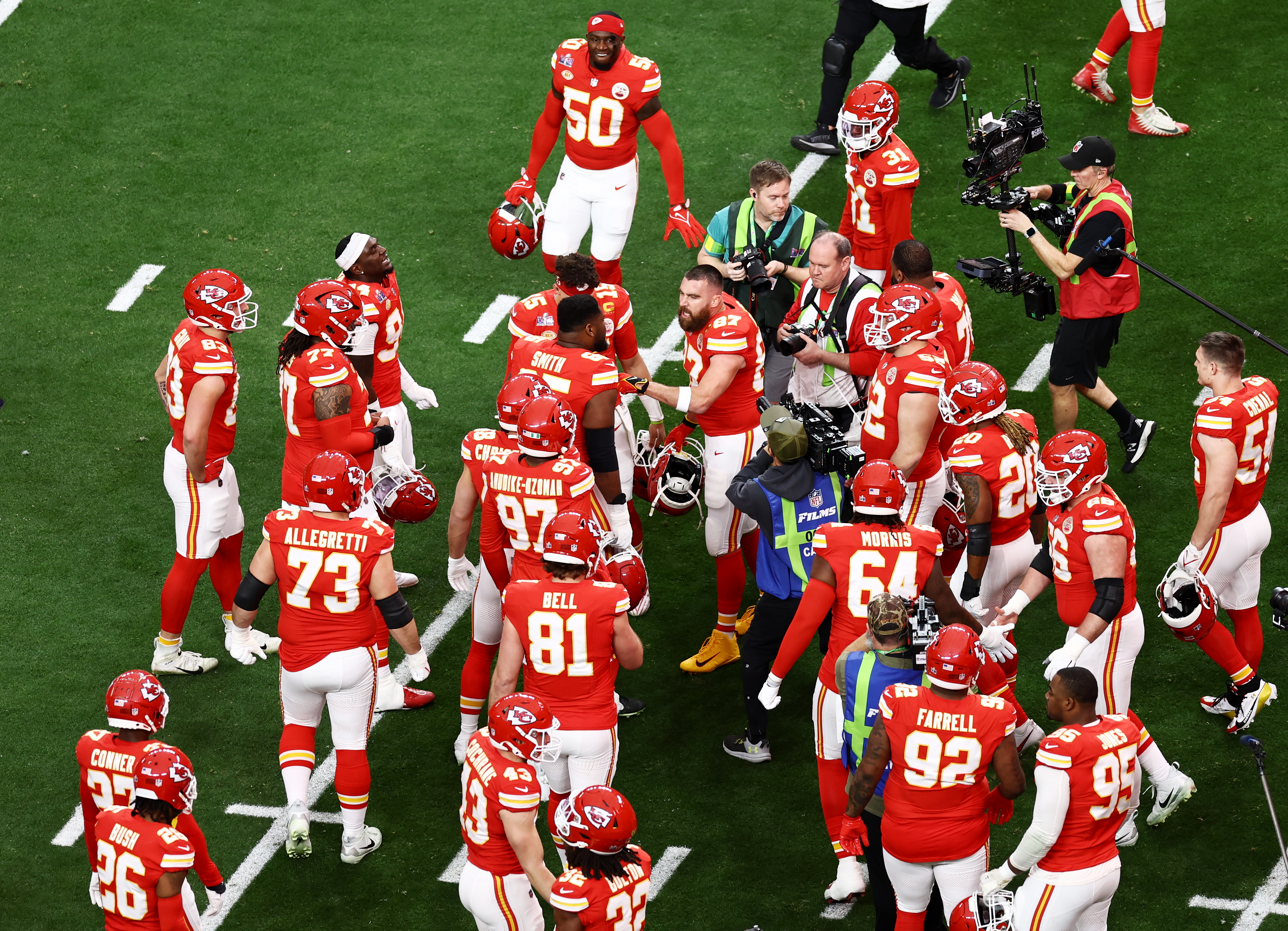 Travis Kelce #87 of the Kansas City Chiefs huddles with teammates before Super Bowl LVIII against the San Francisco 49ers at Allegiant Stadium on February 11, 2024 in Las Vegas, Nevada.<br><em>(Photo by Tim Nwachukwu/Getty Images)</em>