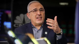 Antonio Neri, CEO of Hewlett Packard Enterprise, speaks during an interview with CNBC on the floor of the New York Stock Exchange (NYSE) in New York City, October 20, 2023.
