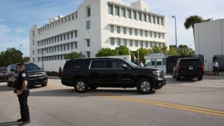 A vehicle carrying former U.S. President Donald Trump is driven to the Alto Lee Adams Sr. U.S. Courthouse on March 01, 2024 in Fort Pierce, Florida. 