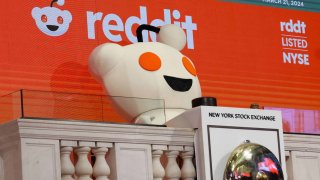 Reddit mascot rings the opening bell, at the New York Stock Exchange (NYSE) in New York City, U.S., March 21, 2024.