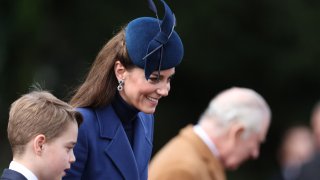 Britain’s Catherine, Princess of Wales and Britain’s Prince George of Wales (L) leave after attending the Royal Family’s traditional Christmas Day service at St Mary Magdalene Church on the Sandringham Estate in eastern England, on December 25, 2023.