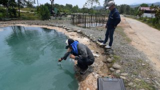 The team from the Geological Agency of the Ministry of Energy and Mineral Resources (ESDM) took samples of natural hydrogen gas found in One Pute Jaya Village, Morowali Regency, Central Sulawesi Province, Indonesia, 23 October 2023.