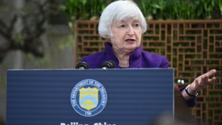 US Treasury Secretary Janet Yellen speaks to journalists. 