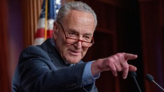 U.S. Senate Majority Leader Chuck Schumer (D-NY) speaks to the media after the Senate dismissed the House Republican impeachment charges against Homeland Security Secretary Alejandro Mayorkas at the U.S. Capitol in Washington, U.S., April 17, 2024. 