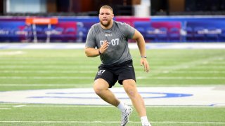 Braden Fiske of Florida State participates in a drill during the NFL Combine at Lucas Oil Stadium on February 29, 2024 in Indianapolis, Indiana.