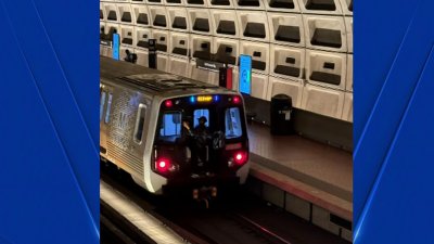 Photo shows person riding on back of Metro rail car