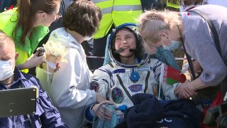 Roscosmos Space Corporation Marina Vasilevskaya of Belarus sits in a chair shortly after the landing of the Russian Soyuz MS-24 space capsule near Zhezkazgan, Kazakhstan, Saturday, April 6, 2024.