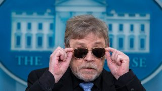 Actor Mark Hamill takes off sunglasses given to him by President Joe Biden, as he joins White House press secretary Karine Jean-Pierre as she speaks with reporters in the James Brady Press Briefing Room at the White House, Friday, May 3, 2024, in Washington.