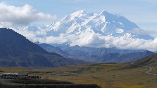 Sightseeing buses and tourists are seen at a pullout popular for taking in views of North America's tallest peak, Denali.