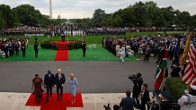 WASHINGTON, DC - MAY 23: (L-R) Kenyan first lady Rachel Ruto, Kenyan President William Ruto, U.S. President Joe Biden and U.S. first lady Jill Biden walk back to the White House during an arrival ceremony on the South Lawn of the White House on May 23, 2024 in Washington, DC. During the state visit, Ruto and Biden will participate in a bilateral meeting, a joint press conference and state dinner. Ruto’s visit is the first official state visit to the White House by a leader from an African country since 2008. (Photo by Anna Moneymaker/Getty Images)