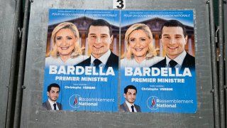 Poster of Christophe Versini for the Rassemblement National (National Rally) party, with Marine Le Pen and Jordan Bardella on it, on June 24, 2024. 