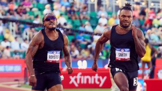 Christopher Royster, left, and JT Smith, athletes who participate in Bandit Running’s Unsponsored Project, at the 2024 Olympic trials in Eugene, Oregon.