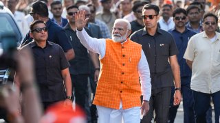 Indian Prime Minister Narendra Modi waves to people