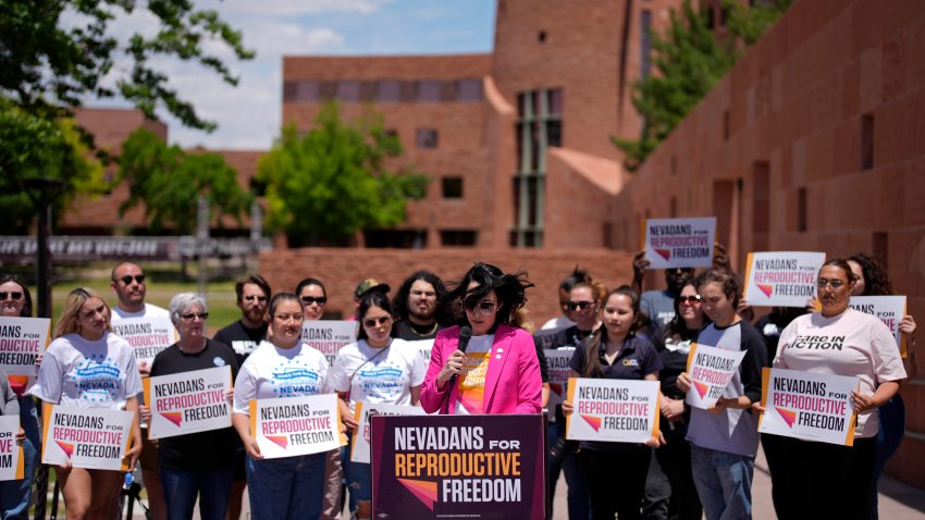 FILE – Lindsey Harmon, President, Nevadans for Reproductive Freedom, speaks during a news conference by Nevadans for Reproductive Freedom, Monday, May 20, 2024, in Las Vegas.