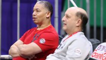 MANILA, PHILIPPINES - AUGUST 30: Assistant Coach Tyronn Lue chats with Jeff Van Gundy of the USA Men's Senior National Team against Jordan as part of the 2023 FIBA World Cup on August 30, 2023 at Mall of Asia Arena in Manila, Philippines. NOTE TO USER: User expressly acknowledges and agrees that, by downloading and/or using this photograph, user is consenting to the terms and conditions of the Getty Images License Agreement. Mandatory Copyright Notice: Copyright 2023 NBAE (Photo by Stephen Gosling/NBAE via Getty Images)