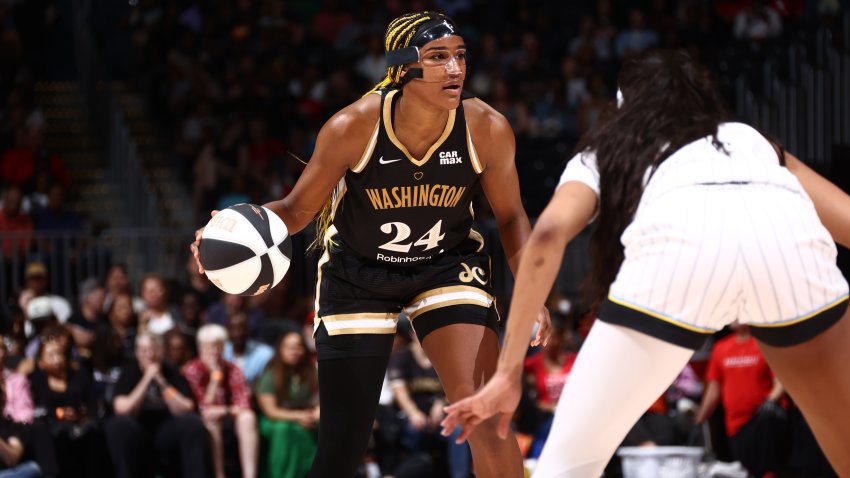 WASHINGTON, DC –  JUNE 6: Aaliyah Edwards #24 of the Washington Mystics handles the ball during the game against the Chicago Sky on June 6, 2024 at Capital One Arena in Washington, DC. (Photo by Kenny Giarla/NBAE via Getty Images)