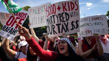 Pro-Palestinian activists hold up signs and chant on Pennsylvania Avenue