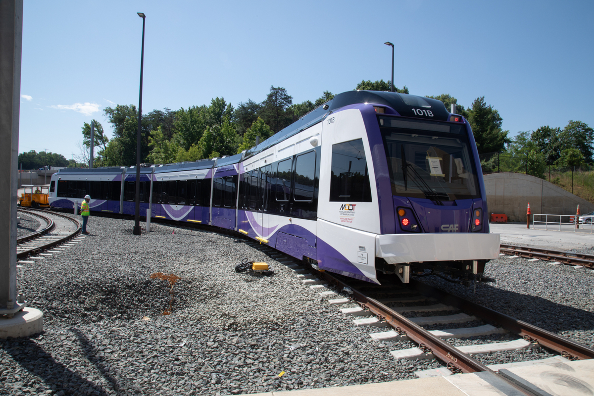 First look: Maryland Department of Transportation unveils first Purple Line light rail vehicle