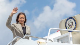 U.S. Vice President Kamala Harris boards Air Force Two as she leaves Pope Army Airfield after campaigning in Fayetteville, North Carolina, U.S., July 18, 2024.
