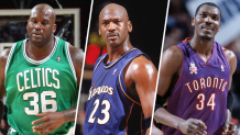 Split image of Shaquille O'Neal, Michael Jordan and Hakeem Olajuwon