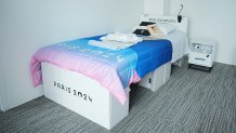 View of a bed in the Paris Olympic Village